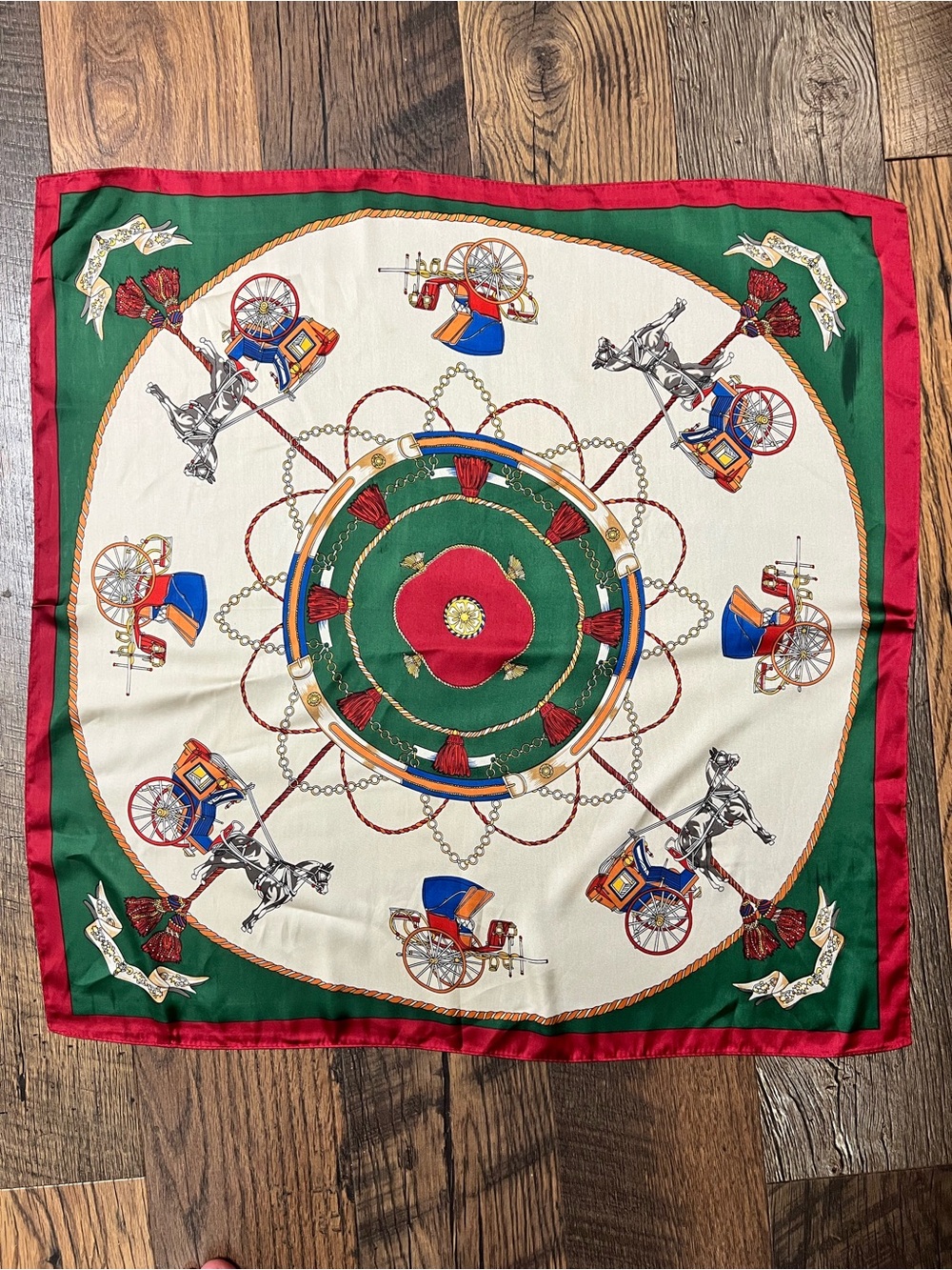 Vintage Equestrian Horse & Carriage Print Square Scarf Red Green